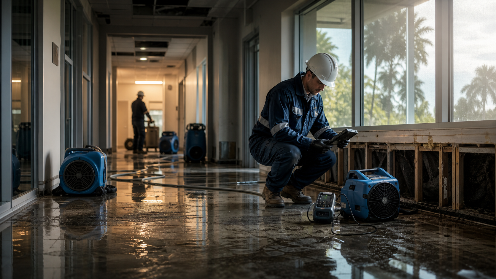 Restoration technician documenting water damage and drying equipment in a commercial property