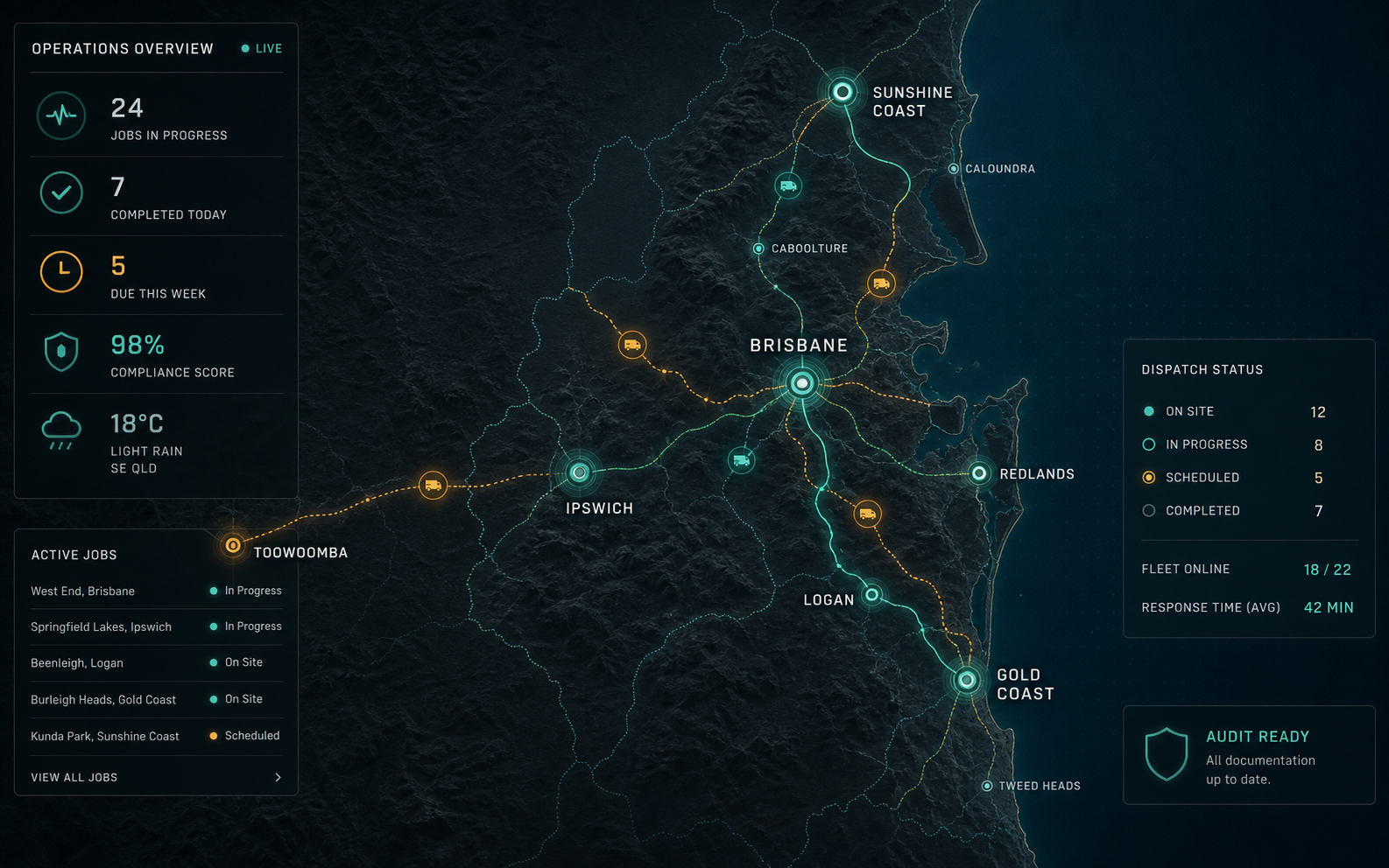 South East Queensland operations map showing Brisbane, Ipswich, Logan, Gold Coast, Sunshine Coast, and Toowoomba